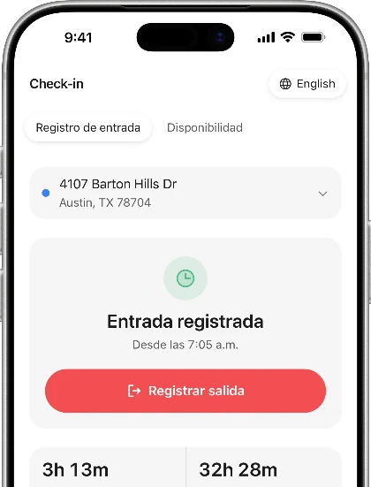 GroundUp Crew en iPhone — entrada registrada, un botón grande para salir