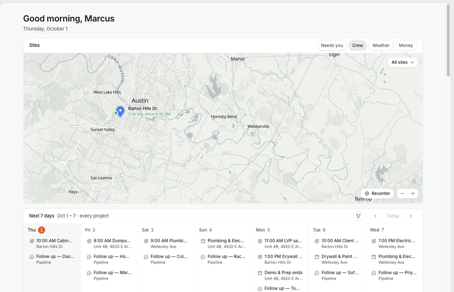 Home — a map of every site with who is on it, and the week ahead across every project