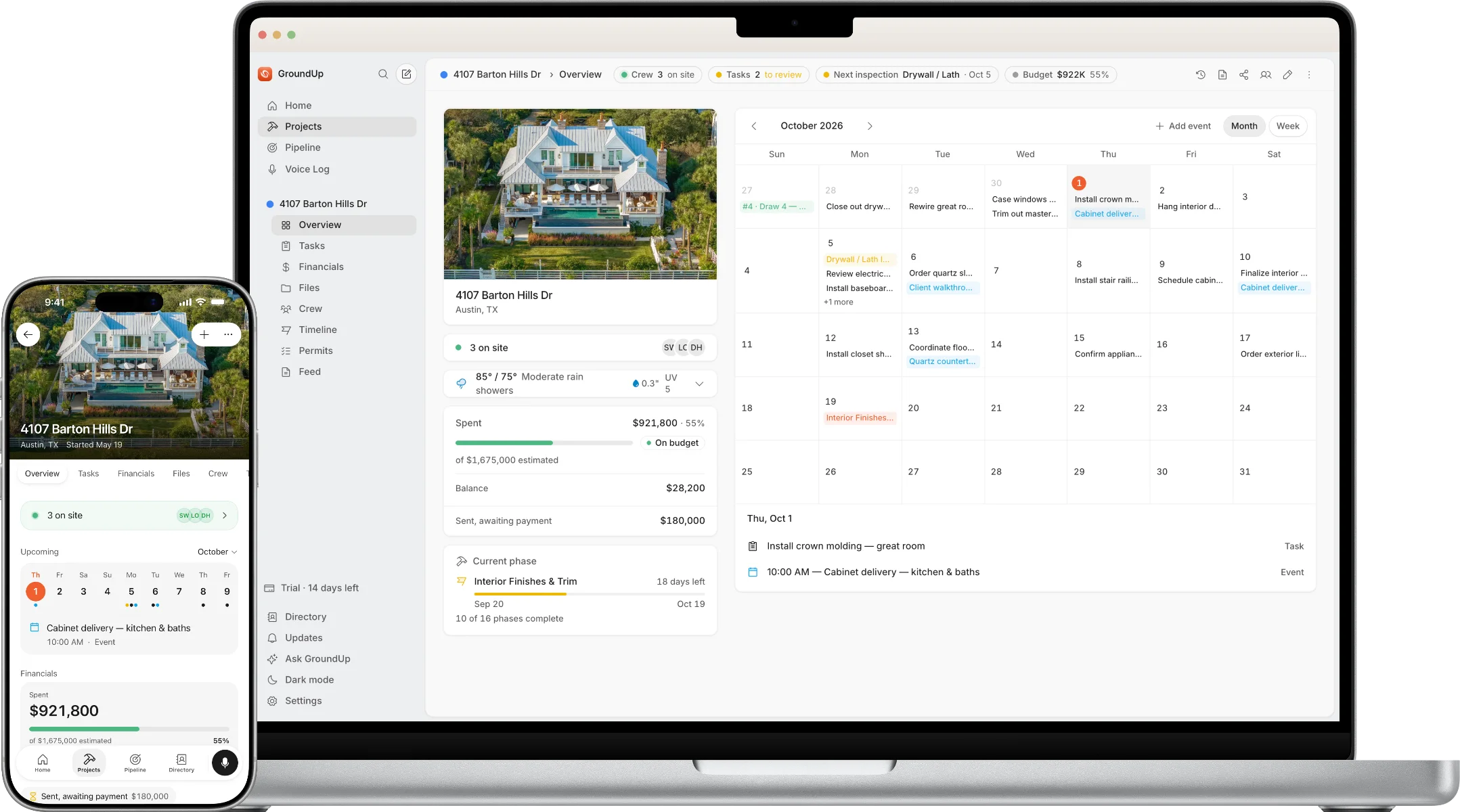 GroundUp on a MacBook and iPhone — the same project overview live on both